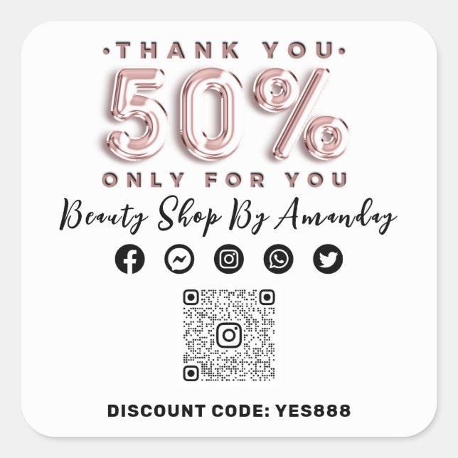 Thank Shopping 50% Off QR CODE Logo Discount White Square Sticker (Front)