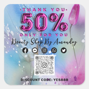 Thank Shopping 50%Off QR CODE Logo Pink Tulp Square Sticker