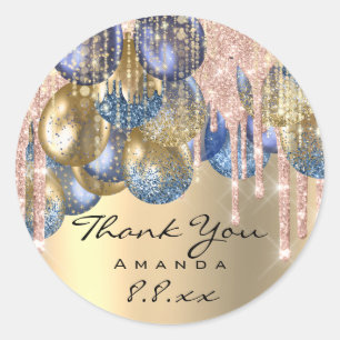 Thank Sweet 16th Birthday Ballons Blue Gold Drips Classic Round Sticker