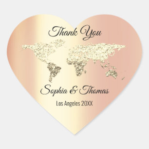 Thank Wedding World Map Destination Gold Coral Heart Sticker