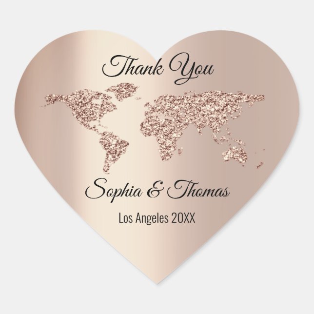 Thank Wedding World Map Destination Rose Heart Sticker (Front)
