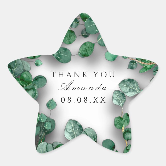 Thank White Grey Green Eucalyptus Woodland Favour Star Sticker (Front)
