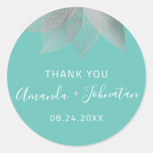 Thank Yo Rose Gold Leaf Name Date White Blush Aqua Classic Round Sticker