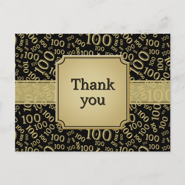 Thank You 100th Birthday Number Pattern Gold/Black Postcard (Front)