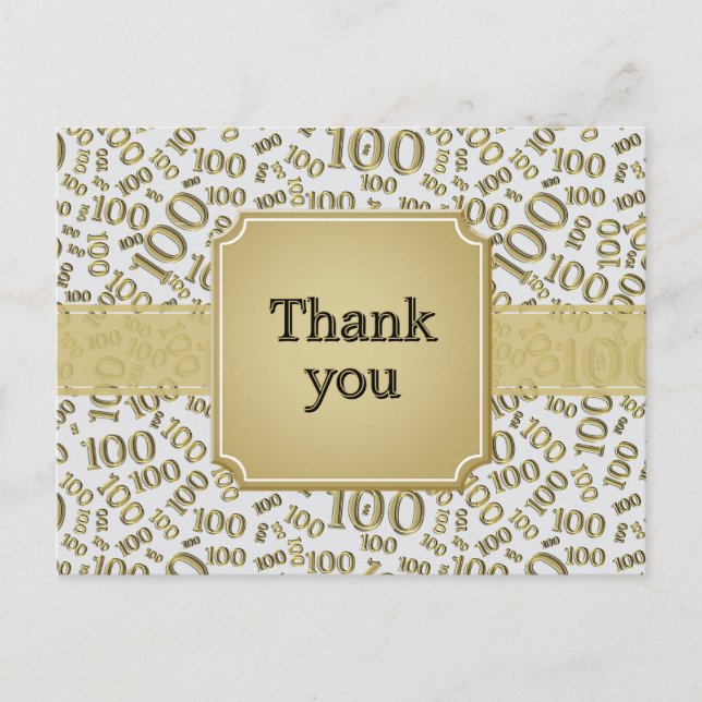 Thank You 100th Birthday Number Pattern Gold/White Postcard (Front)