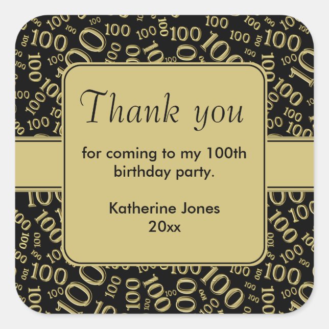Thank You 100th Black/Gold Number Pattern Square Sticker (Front)