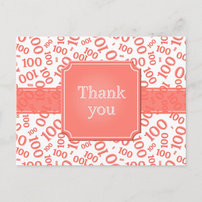 Thank You 100th Number Pattern Coral/White Postcard (Front)