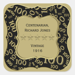 Thank you: 100th Number Pattern Gold/Black Bracket Square Sticker