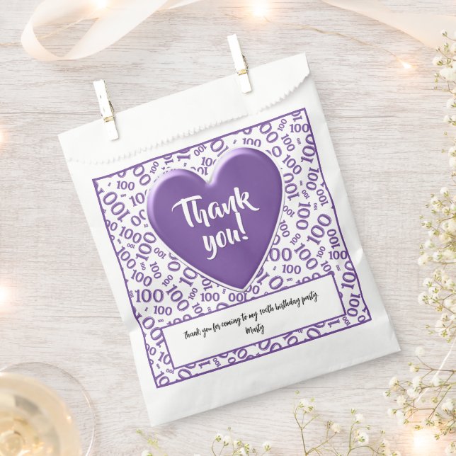 Thank You 100th Random Number Pattern Purple/White Favour Bags (Clipped)