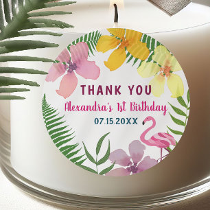 Thank You 1st  Birthday Luau Pink Flamingo Classic Round Sticker