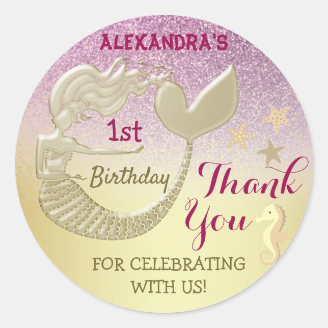 Thank You 1st Birthday Mermaid Pink and Gold Classic Round Sticker (Front)