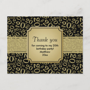 Thank You 20th Birthday Number Pattern Gold/Black Postcard