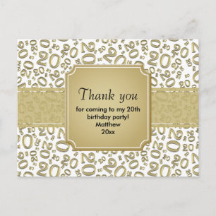 Thank You 20th Birthday Number Pattern Gold/White Postcard