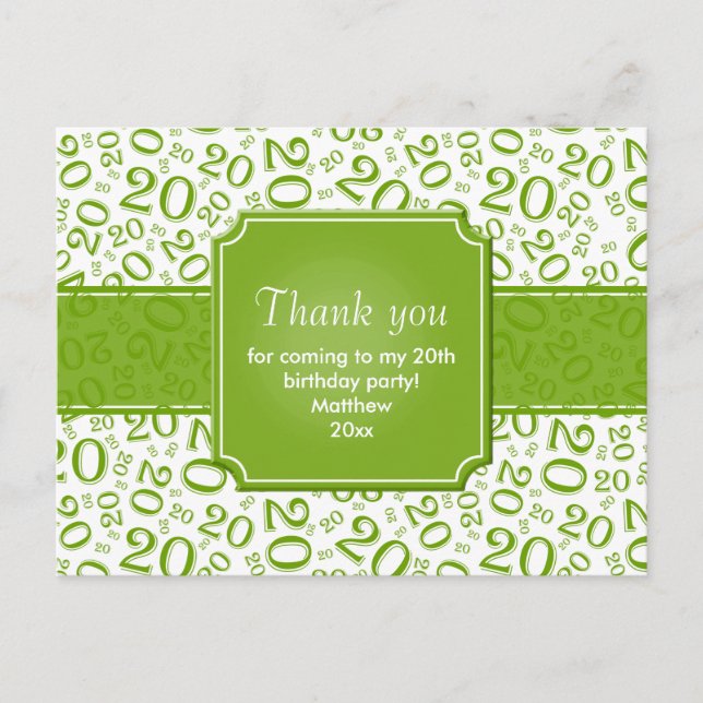Thank You 20th Birthday Number Pattern Green/White Postcard (Front)