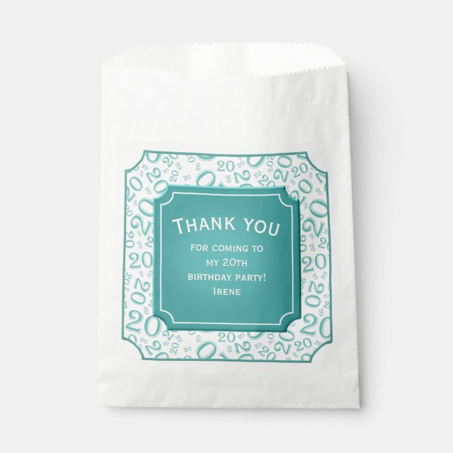 Thank you: 20th Random Number Pattern Teal 20 Favour Bags (Front)