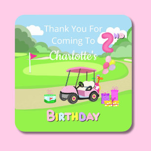 Thank You 2nd Birthday Polka Dot Pink Girly Golf Square Sticker