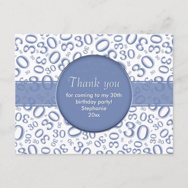 Thank You 30 Random Number Pattern Blue/White Postcard (Front)