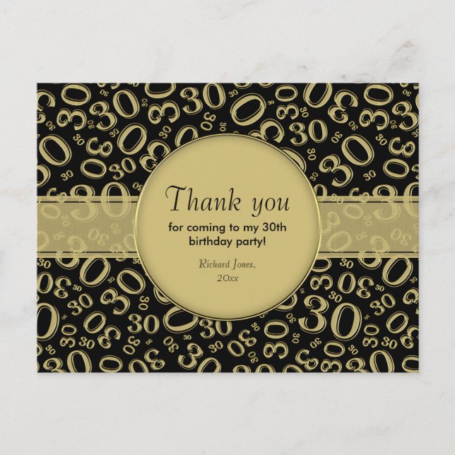 Thank You 30 Random Number Pattern Gold/Black Postcard (Front)
