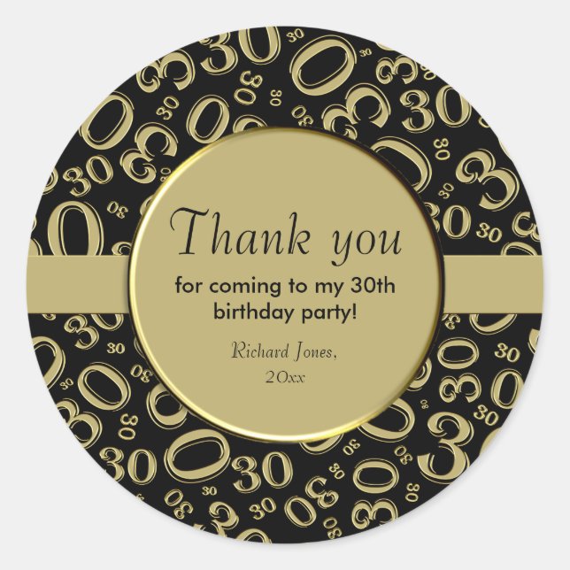 Thank you: 30th Random Number Pattern Gold/Black Classic Round Sticker (Front)