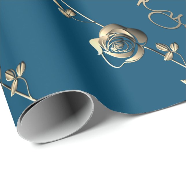 "Thank you"3D Silvery Rose on Ocean Blue Wrapping Paper (Roll Corner)