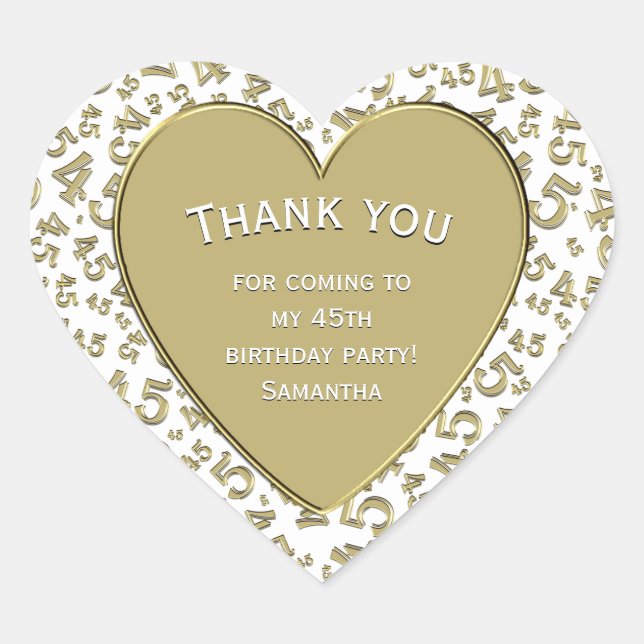 Thank you - 45th Birthday Gold and White Heart Sticker (Front)