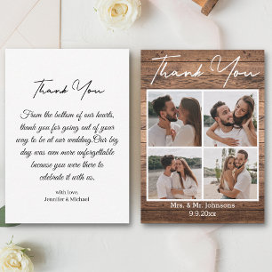 thank you 4 photos collage rustic wood wedding card