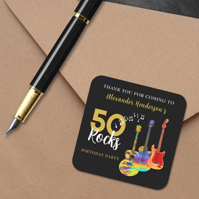 Thank You 50th birthday Guitar Rocks 50 Square Sticker (Rock and roll 50th birthday thank you sticker funky guitars cool gold typography on black)