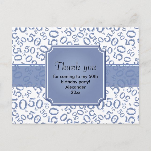 Thank You: 50th Birthday Number Pattern Blue/White Postcard (Front)