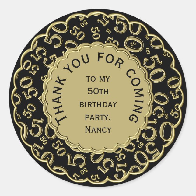 Thank You 50th Number Pattern Black and Gold Classic Round Sticker (Front)