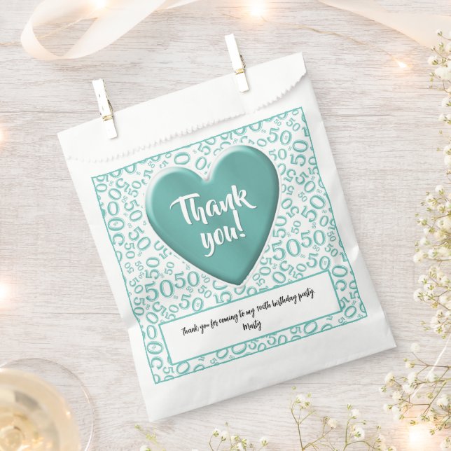 Thank You 50th Random Number Pattern Teal/White Favour Bags (Clipped)