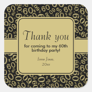 Thank You 60th Birthday Number Pattern Gold/Black Square Sticker