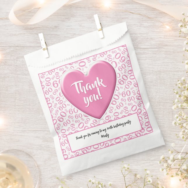 Thank You 60th Random Number Pattern Pink/White Favour Bags (Clipped)