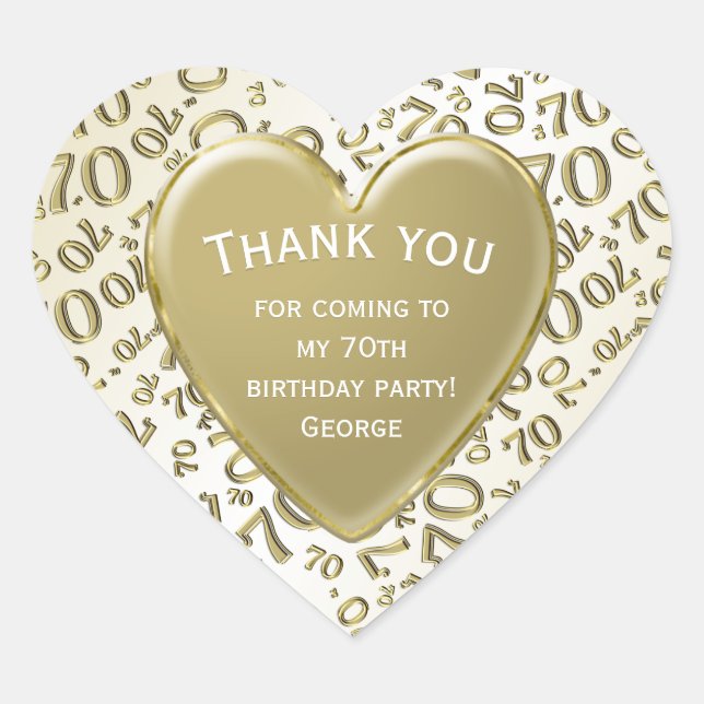 Thank you - 70th Number Pattern Gold and White Heart Sticker (Front)