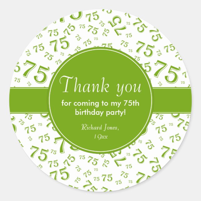 Thank You: 75th Green & White Number Pattern Classic Round Sticker (Front)