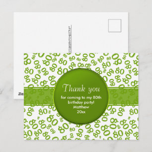 Thank You: 80 Green/White Birthday Number Pattern Postcard