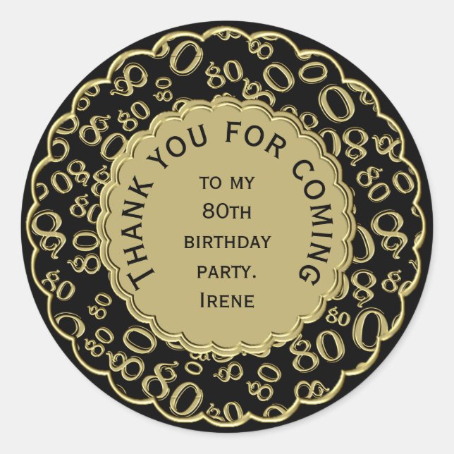 Thank You 80th Birthday Black and Gold Theme Classic Round Sticker (Front)