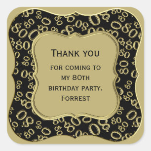Thank You 80th Birthday Gold/Black Number Pattern Square Sticker