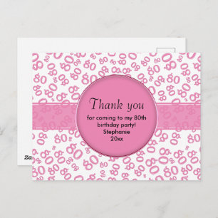 Thank You: 80th Pink/White Birthday Number Pattern Postcard