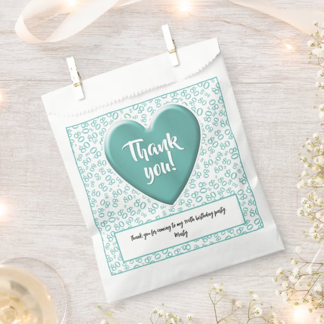 Thank You 80th Random Number Pattern Teal/White Favour Bags (Clipped)