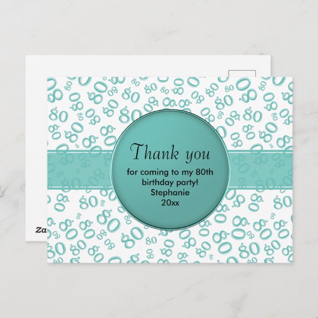 Thank You: 80th Teal/White Birthday Number Pattern Postcard (Front/Back)