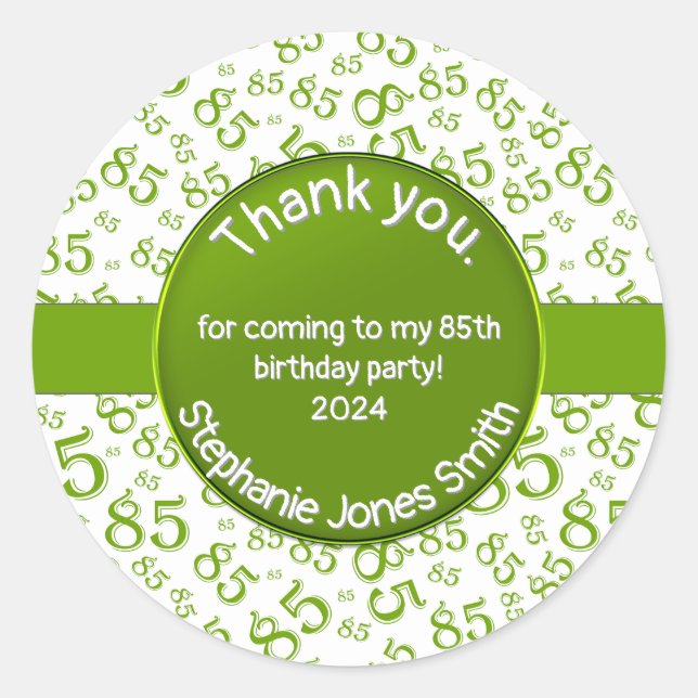 Thank You: 85 Birthday Green/White Number Pattern Classic Round Sticker (Front)