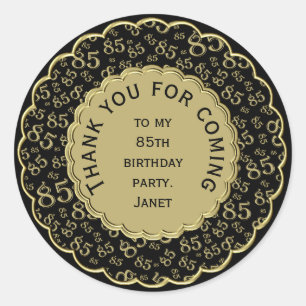 Thank You 85th Birthday Black and Gold Pattern Classic Round Sticker