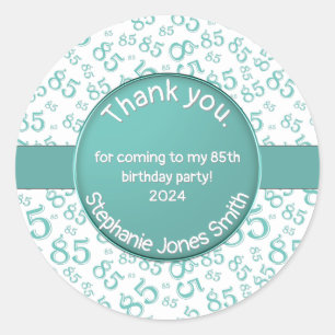 Thank You: 85th Birthday Teal/White Number Pattern Classic Round Sticker