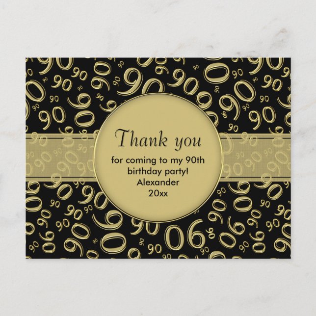 Thank You 90th Black/Gold Birthday Number Pattern Postcard (Front)