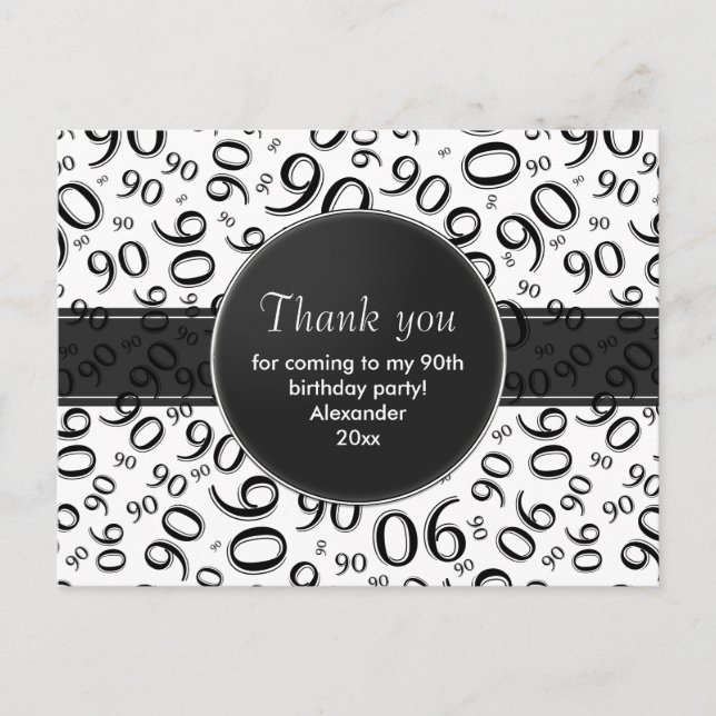 Thank You 90th Black/White Birthday Number Pattern Postcard (Front)