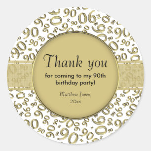 Thank You:  90th Number Pattern Gold and White Classic Round Sticker