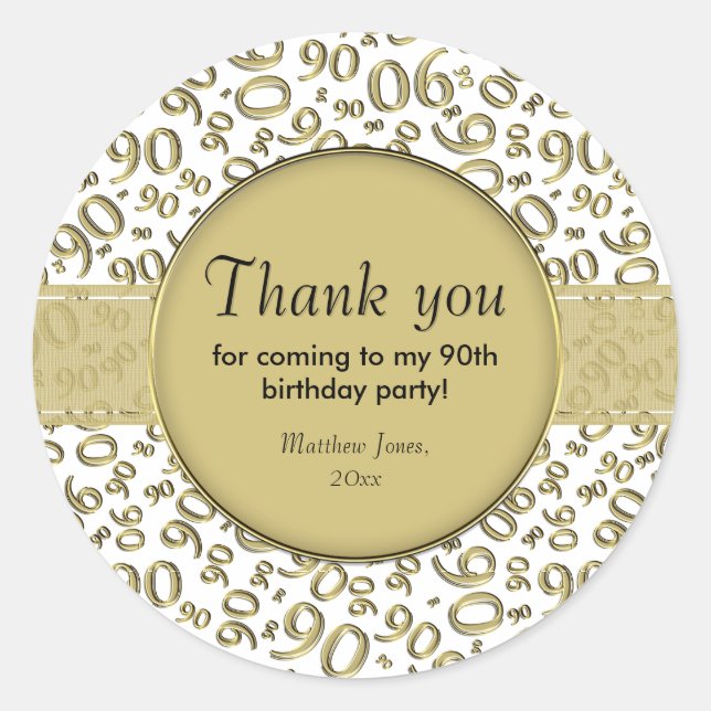 Thank You:  90th Number Pattern Gold and White Classic Round Sticker (Front)