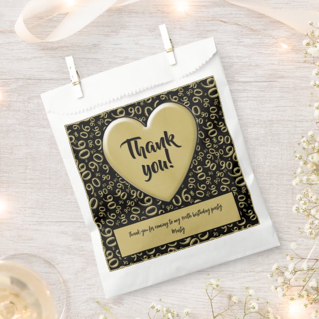 Thank You 90th Random Number Pattern Black/Gold Favour Bags (Clipped)