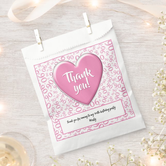 Thank You 90th Random Number Pattern Pink/White Favour Bags (Clipped)