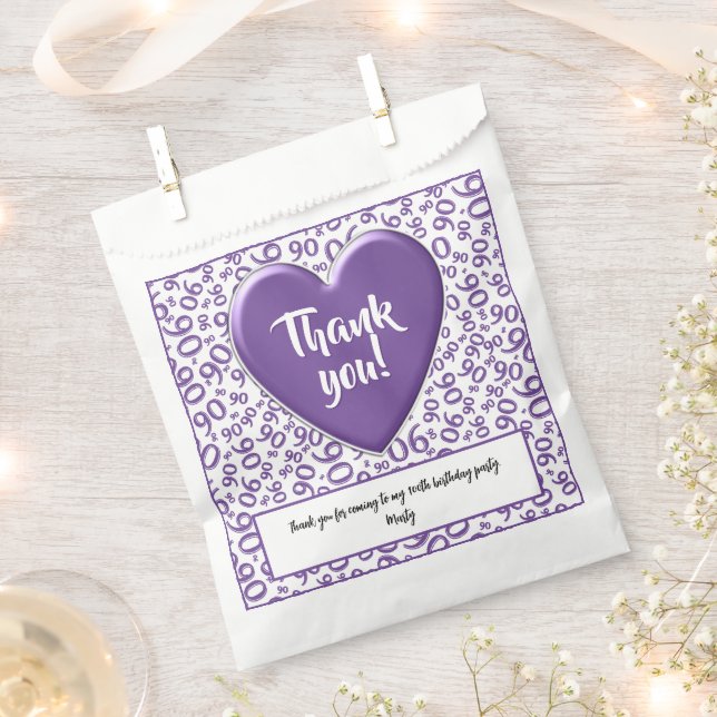 Thank You 90th Random Number Pattern Purple/White Favour Bags (Clipped)